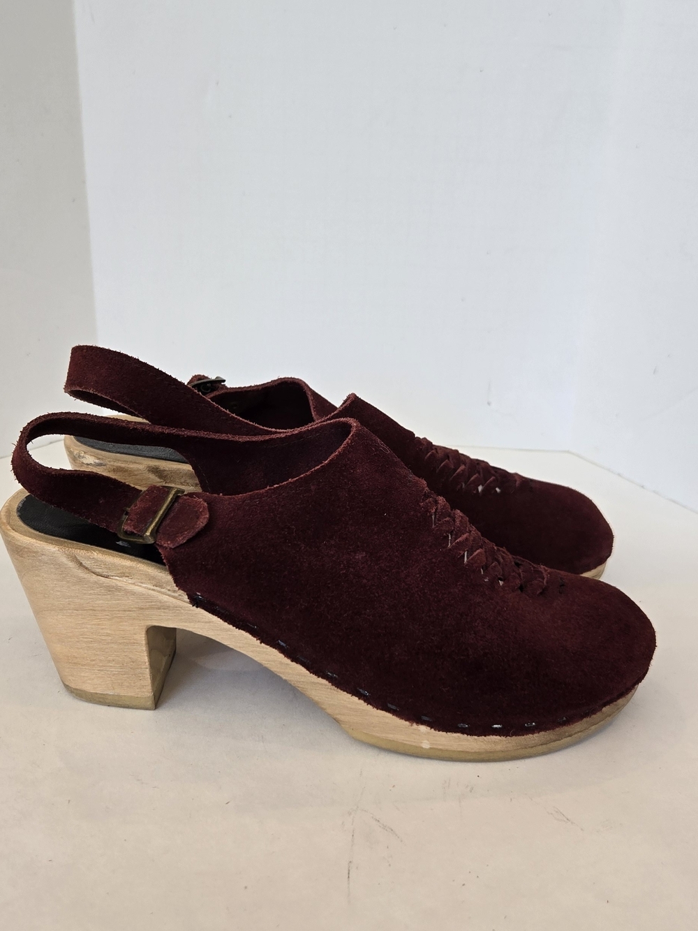 No. 6 Burgundy Suede Slingback Clogs with Wood Heel